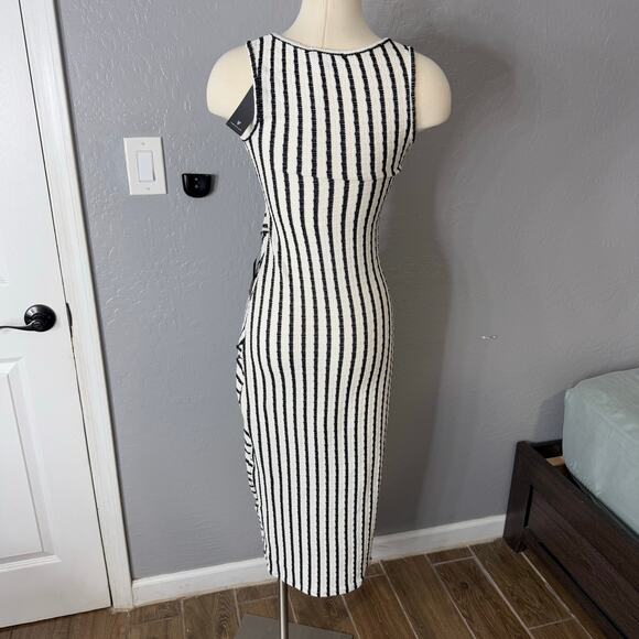 Lulus Constantly Trendy Ivory Striped Crinkle Bodycon Midi Dress, Small 2448291 - Picture 2 of 5